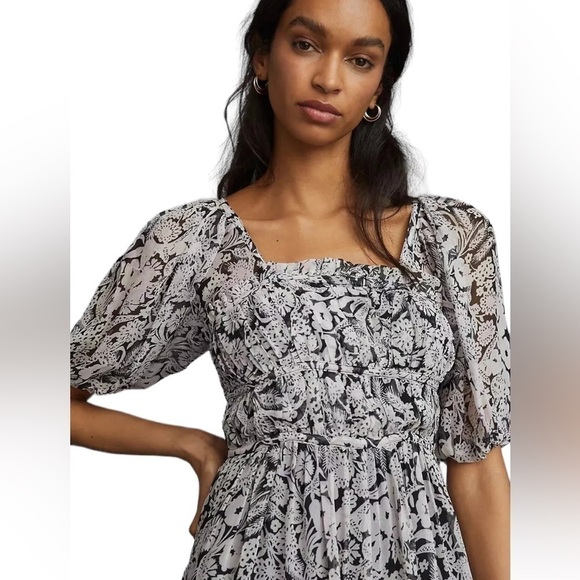 Anthropologie Squareneck Smocked Puff Sleeve Midi Dress Sz M Black White Cottage - Picture 4 of 16